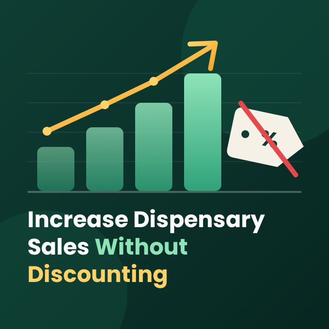 Bar chart with an upward trend arrow beside a crossed-out discount tag, illustrating how to increase dispensary sales without discounting.
