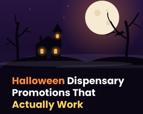 Haunted house with glowing windows on a hill under a full moon, with bare trees and a crow, for Halloween dispensary promotions.