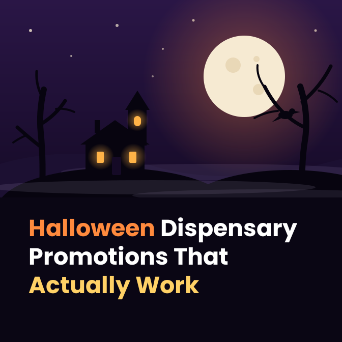 Haunted house with glowing windows on a hill under a full moon, with bare trees and a crow, for Halloween dispensary promotions.